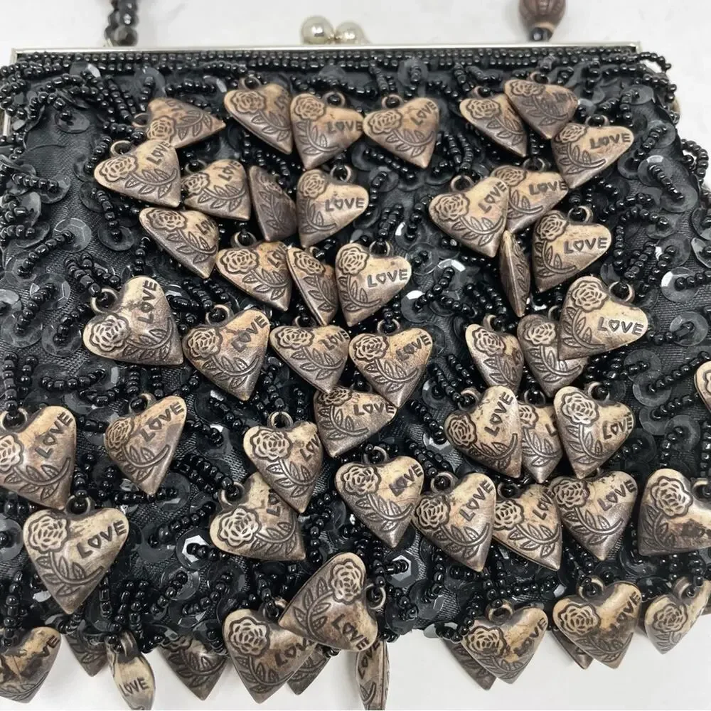Vintage 80's Love Heart Beaded Kiss Lock Evening Bag